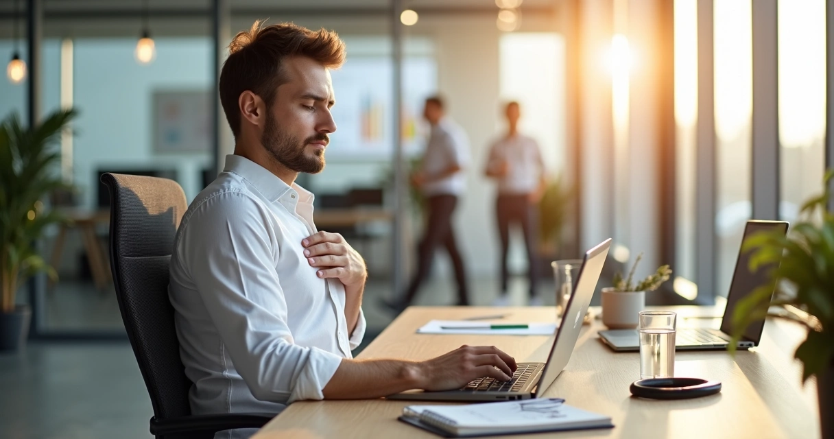 Líder sentado em escritório moderno praticando autocuidado enquanto trabalha no laptop 