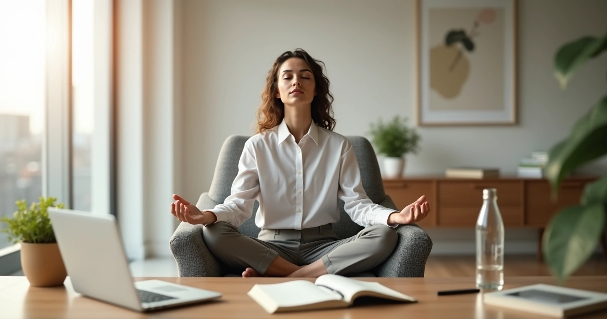Líder sentado em posição de meditação em frente à mesa de trabalho organizada 