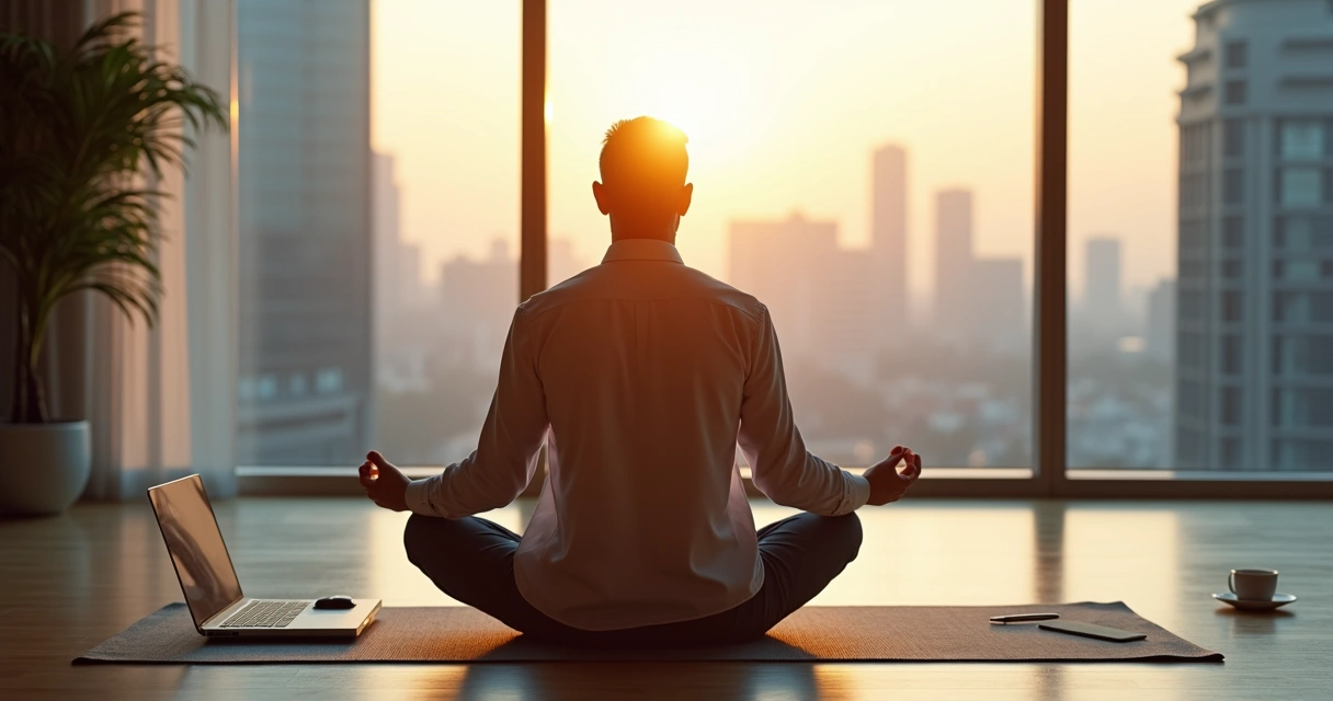 Líder sentado en postura meditativa frente a una ventana de oficina con la ciudad de fondo 