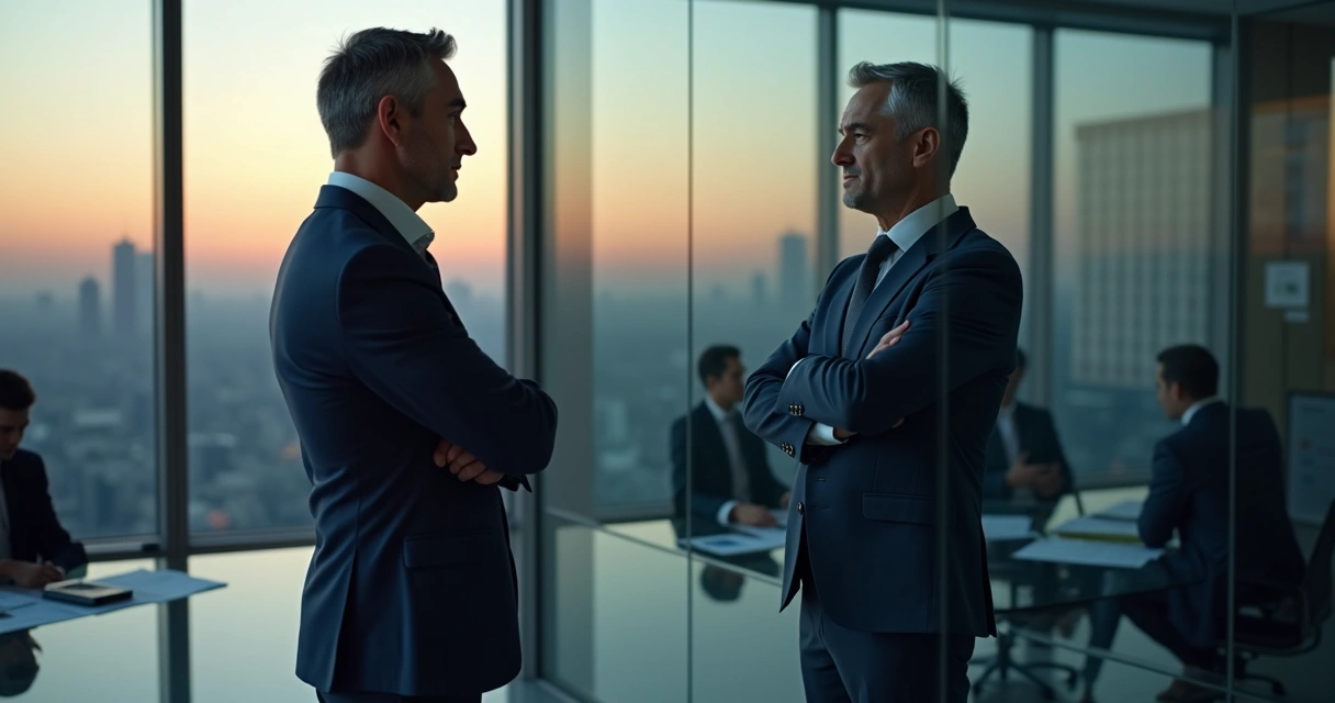 Líder empresarial frente al espejo con doble reflejo contradictorio 