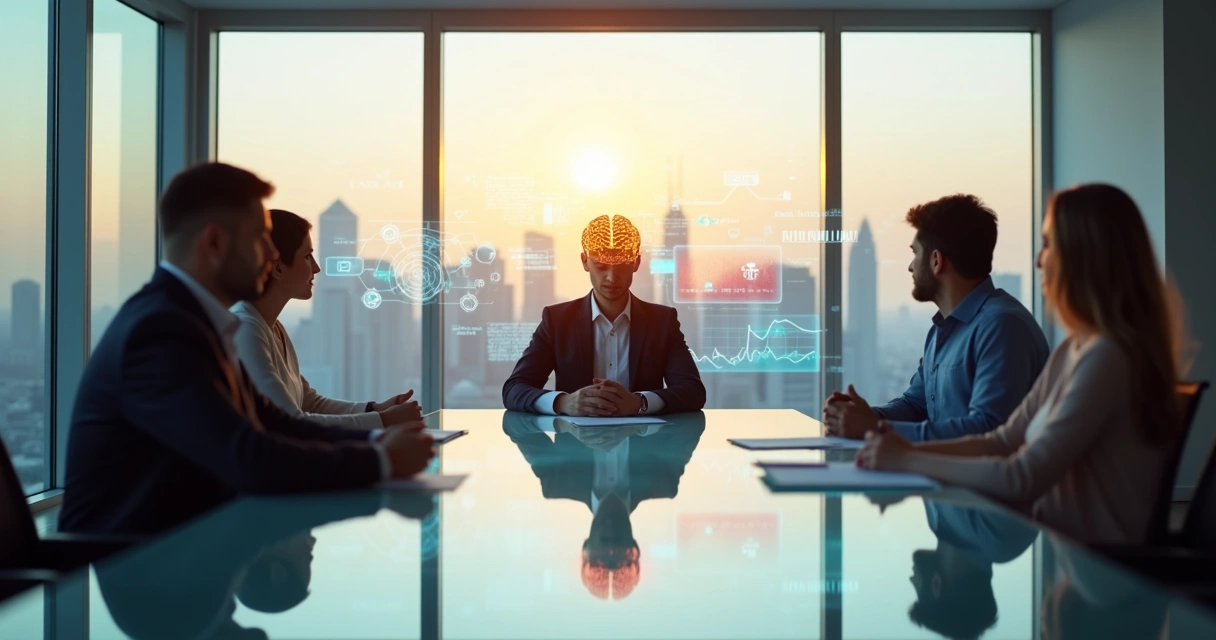 Líder sentado em mesa de reunião com hologramas de gráficos e cérebro equilibrado 