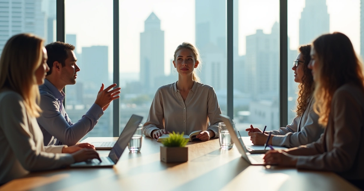 Líder em reunião mantendo autogestão emocional diante da equipe 