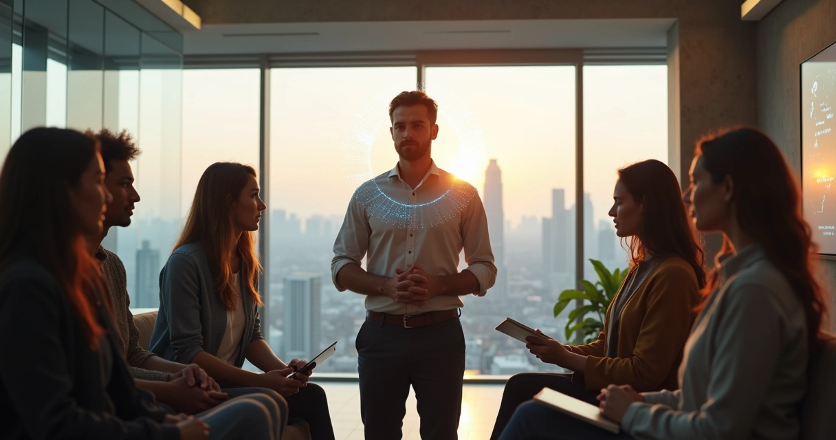 Líder sereno no centro guiando equipe multicultural em ambiente de trabalho digital 