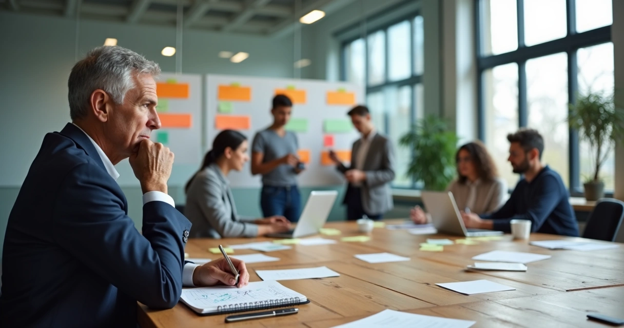 Líder sentado à mesa de reunião refletindo enquanto equipe trabalha de forma autônoma ao fundo 