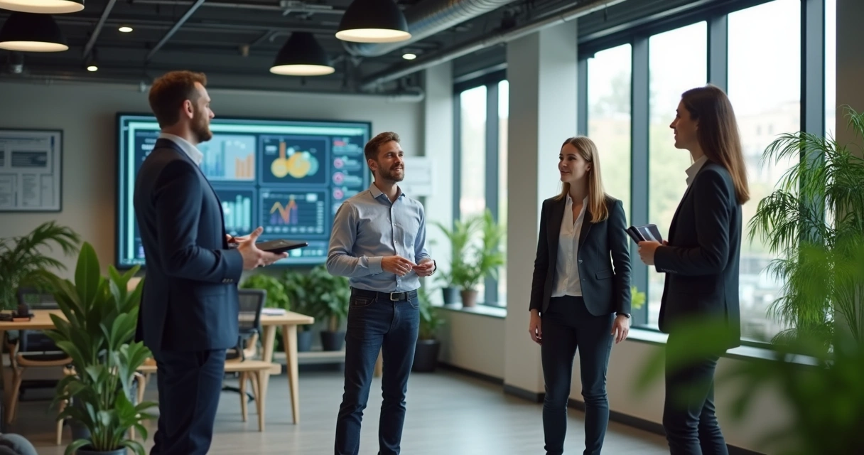 Líder conversando com equipe em espaço aberto e moderno. 