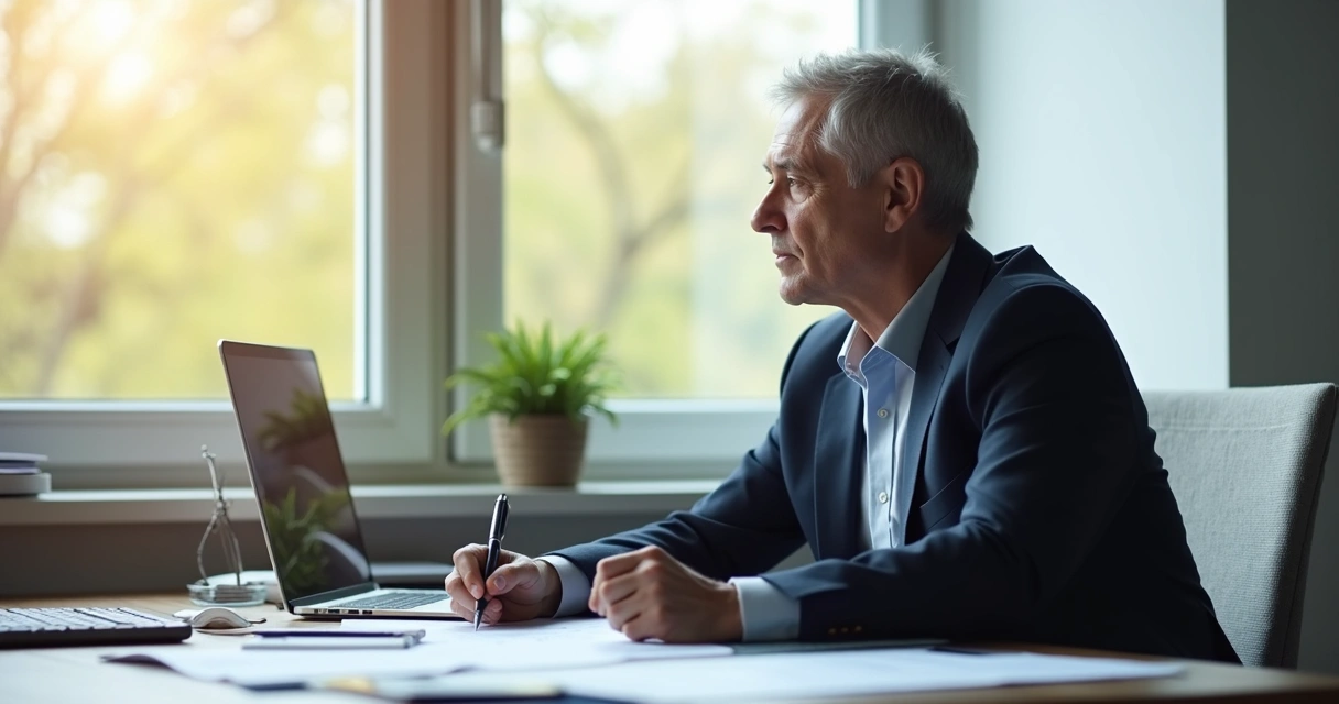 Pessoa em posição de liderança olhando para fora da janela, refletindo, com papéis e caneta sobre a mesa 