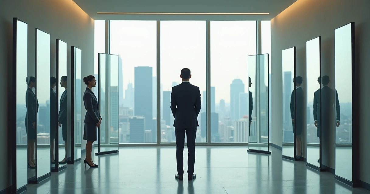 Líder observa múltiplos reflexos em espelhos em ambiente corporativo 