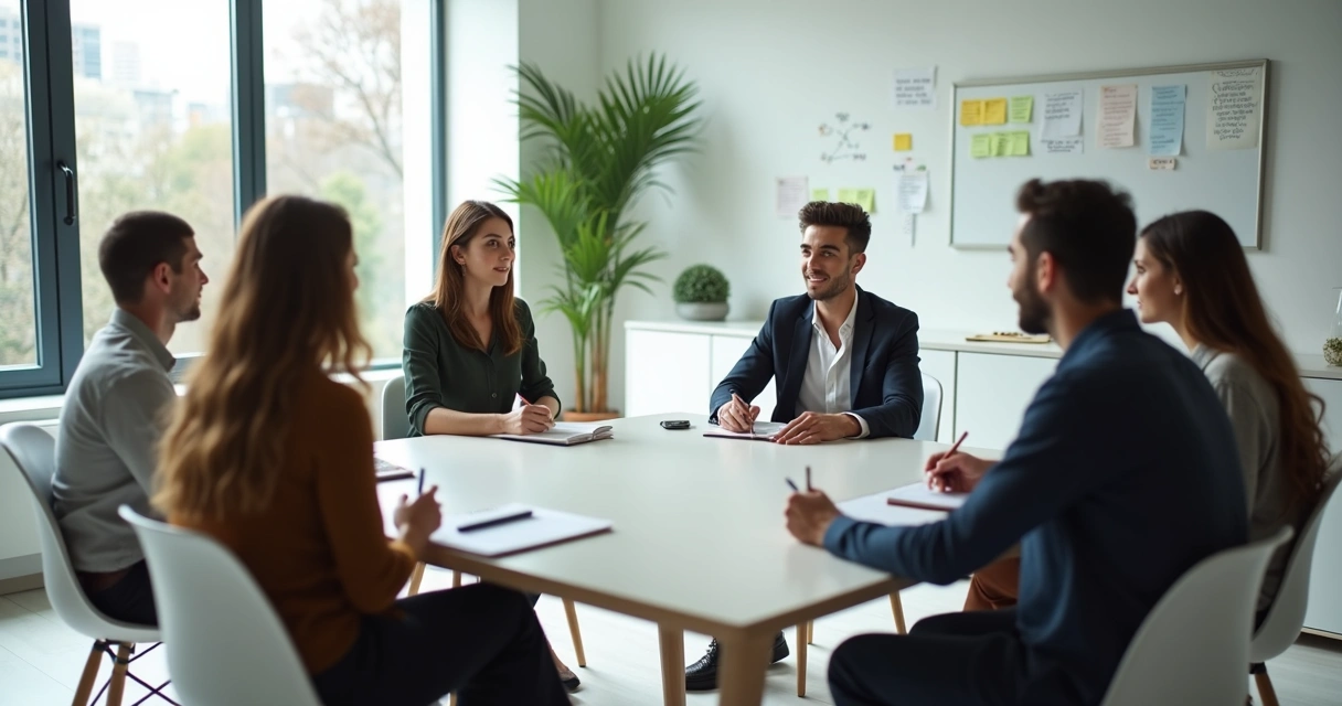 Líder sentado em círculo com equipe em ambiente de trabalho saudável 