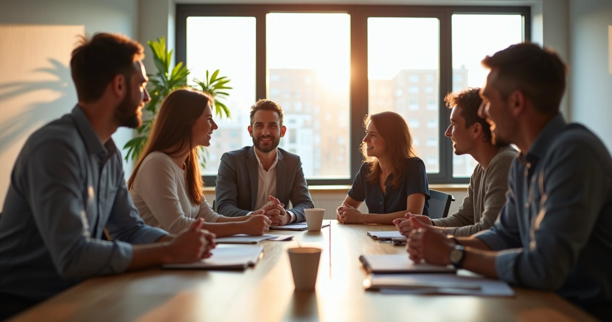 Líder orientando equipe em sala de reunião, todos sorrindo, ambiente moderno 