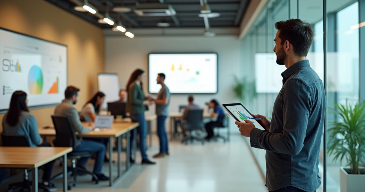 Líder de PME observando equipe distribuída em estações de trabalho autônomas 