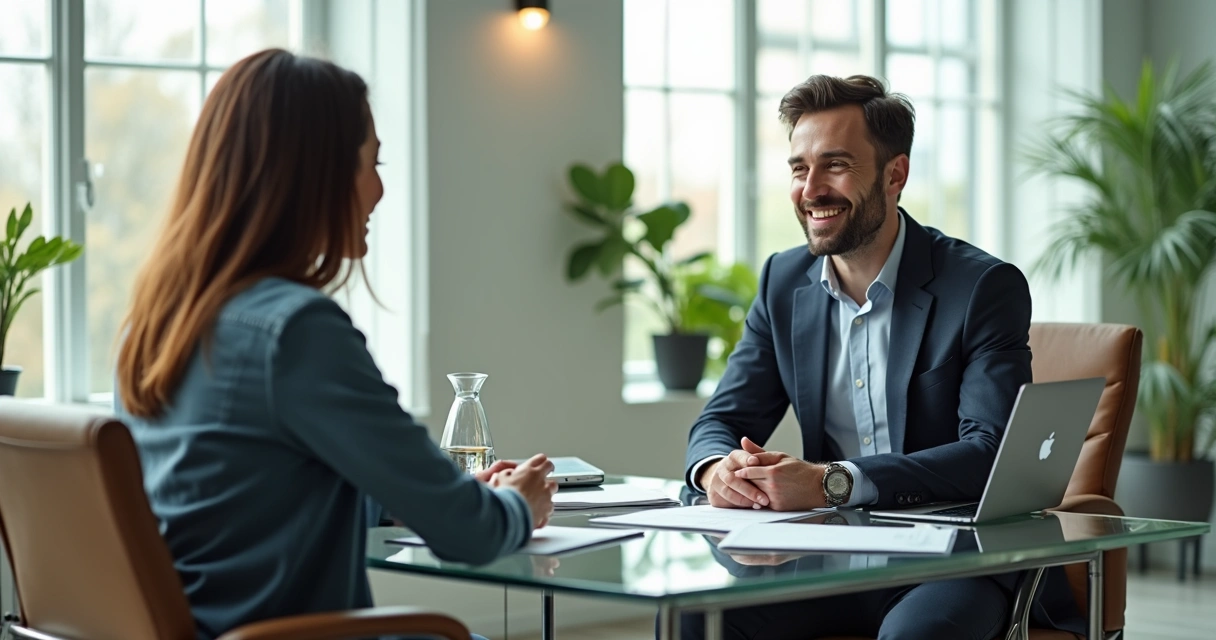 Líder conversando con colaborador en una oficina moderna, ambos sonrientes, ambiente cálido y profesional 
