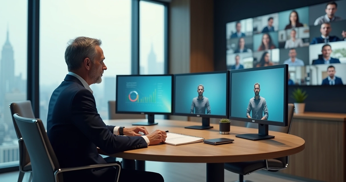 Líder em mesa redonda analisando sua imagem reflektida em cinco telas digitais ao redor 
