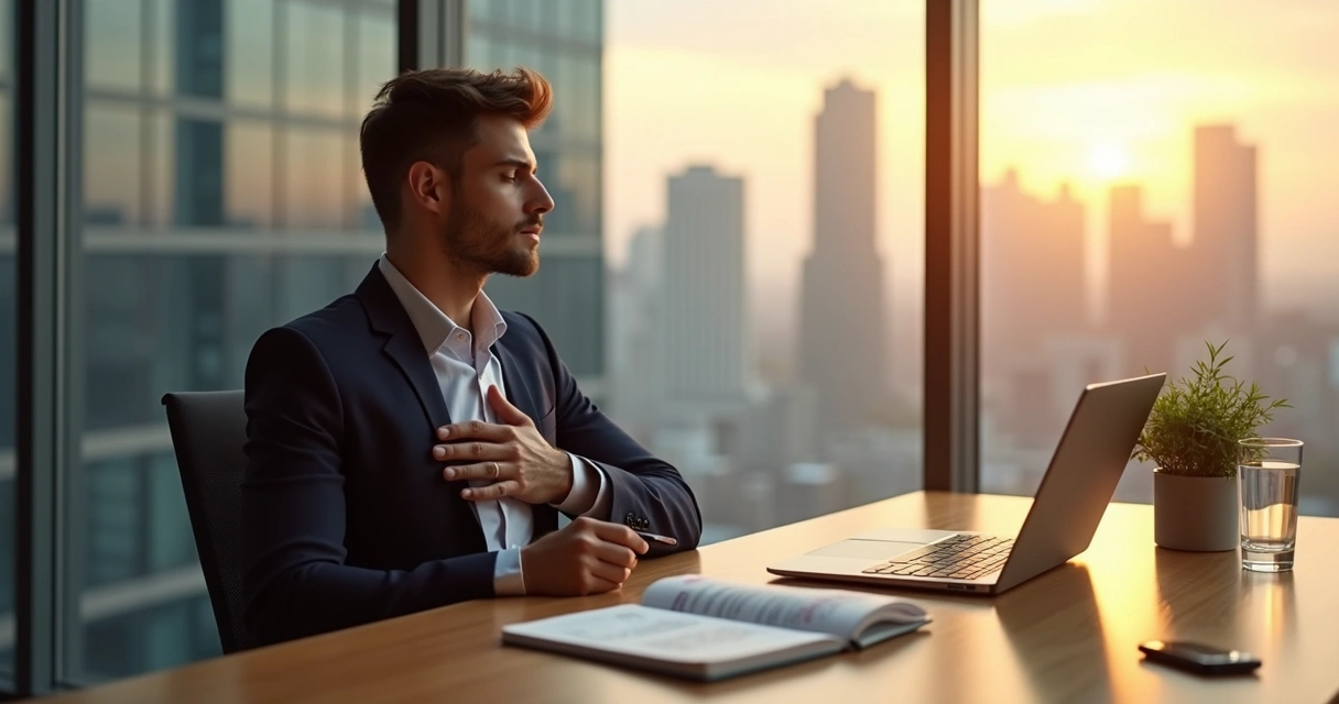 Líder sentado em frente à janela refletindo com caderno de anotações e cidade ao fundo 