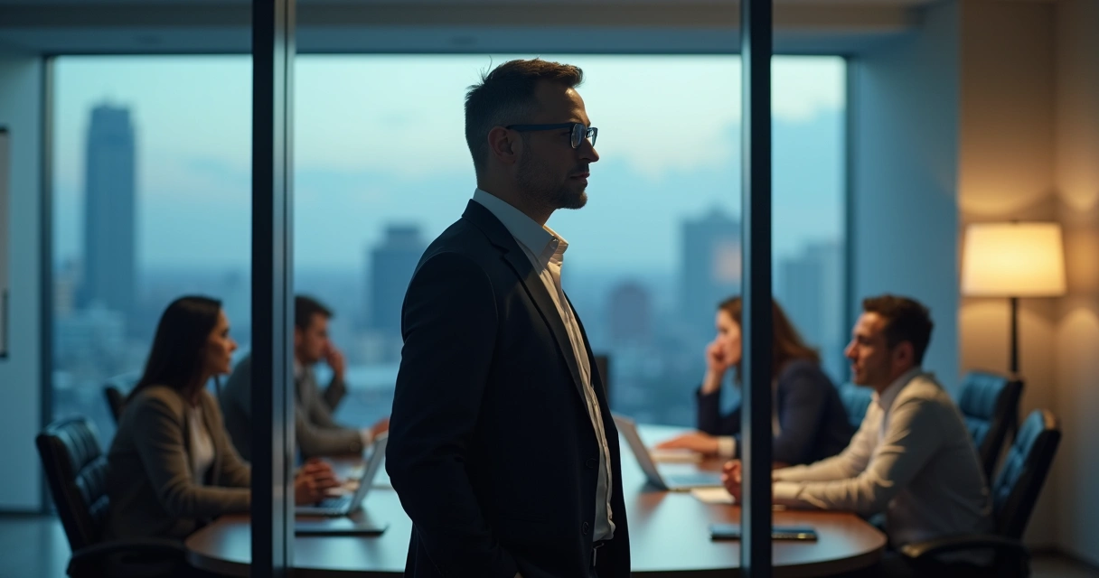 Líder observando su reflejo en una ventana durante una reunión tensa 