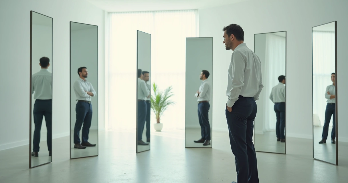 Líder observando su propio reflejo múltiple en espejos geométricos 