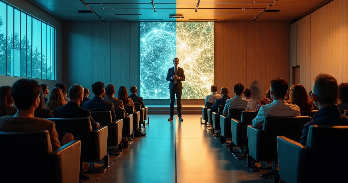 Dois líderes em auditório mostrando contraste entre controle e liderança consciente 
