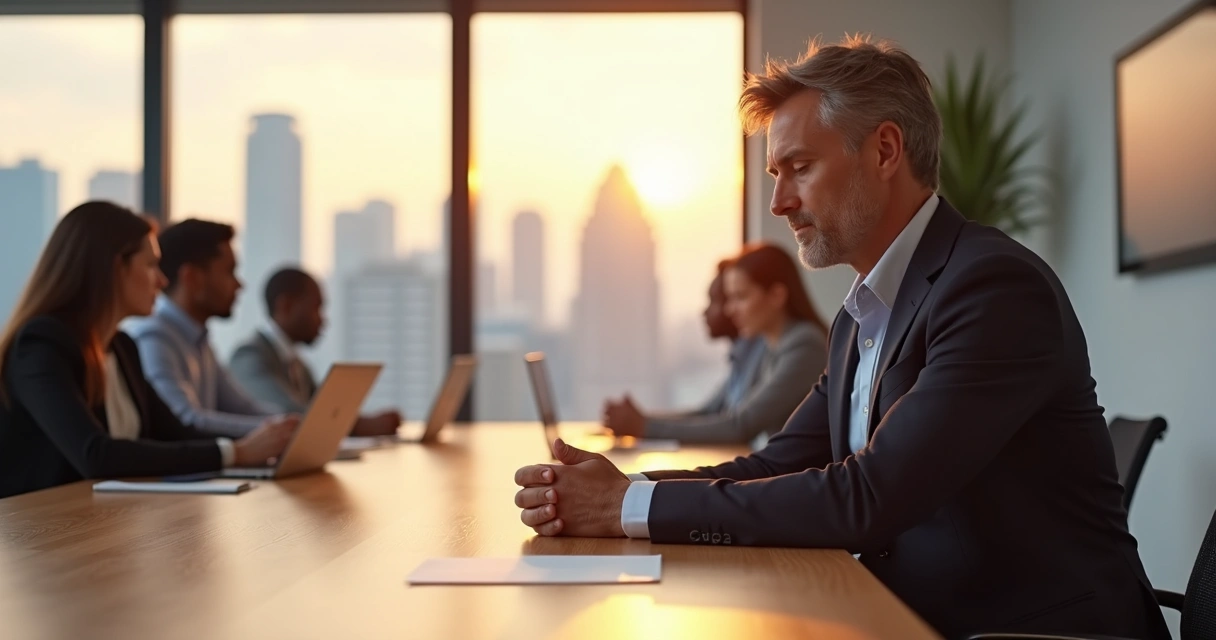 Líder sentado em sala de reunião praticando autorregulação emocional com equipe ao fundo 
