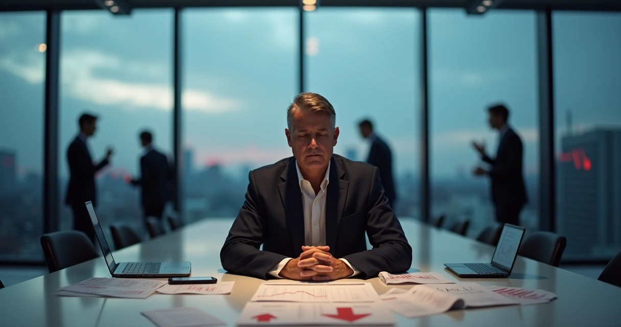 Líder sentado em sala de reunião escura mantendo calma em meio a gráficos de crise 