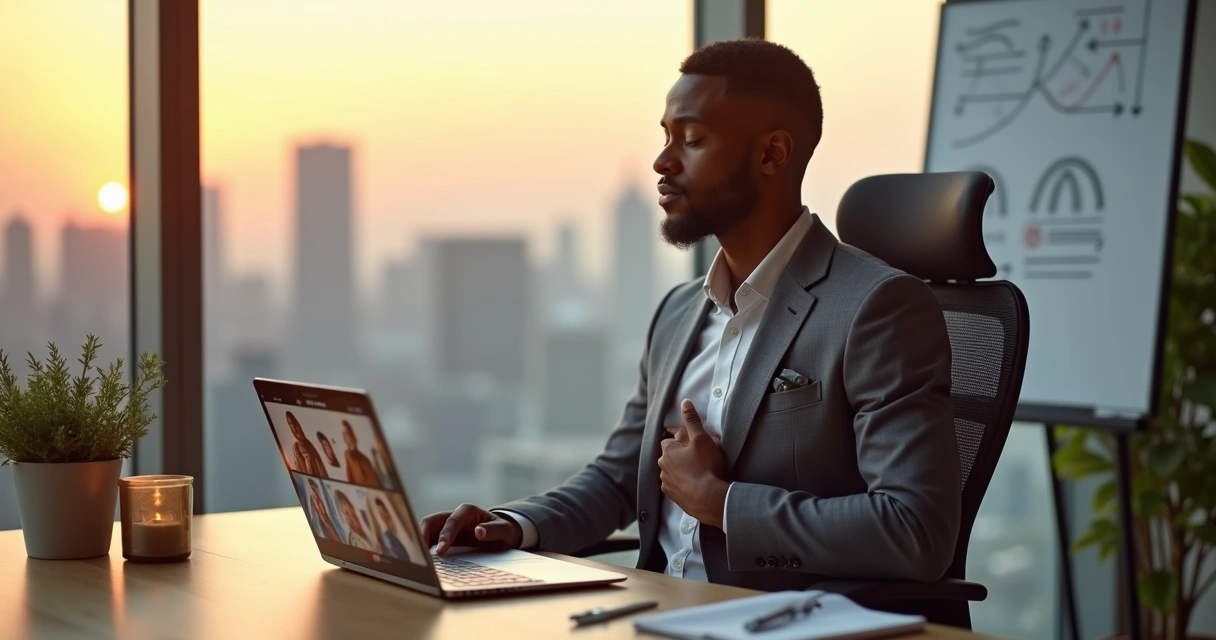 Líder sentado frente a una ventana practicando autorregulación en una oficina moderna 