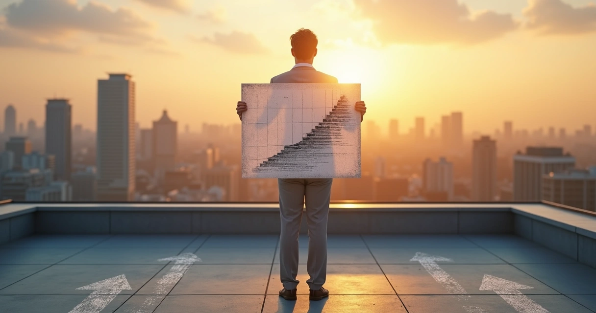 Líder no terraço segurando desenho de escada quebrada 