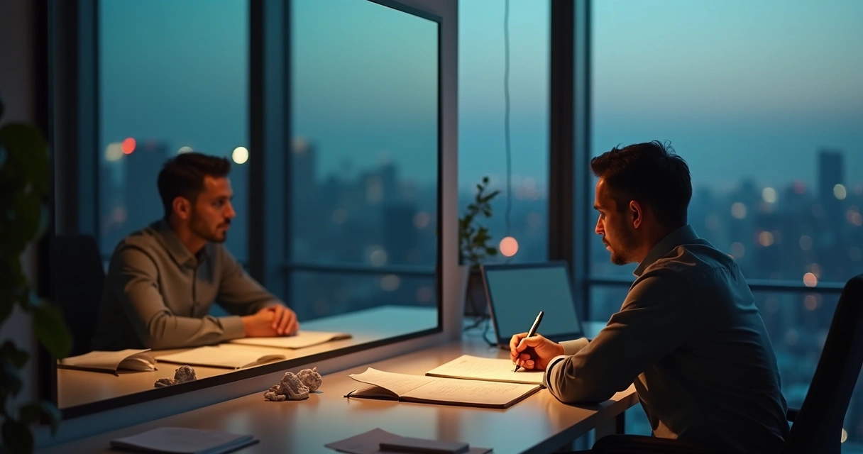 Líder sentado diante de espelho com várias versões de si ao redor 