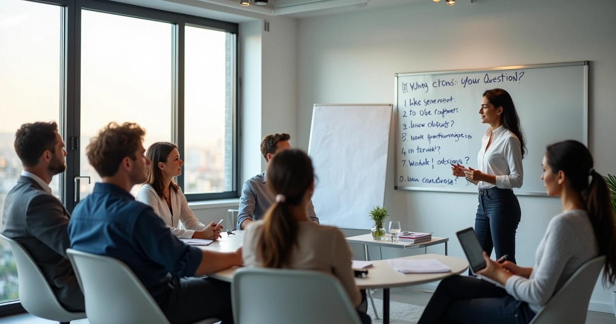 Líder conduzindo reunião com equipe em círculo usando perguntas em quadro branco 