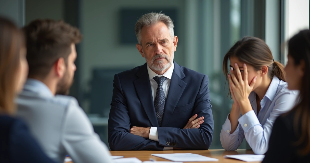 Líder com braços cruzados durante reunião, criando distanciamento 