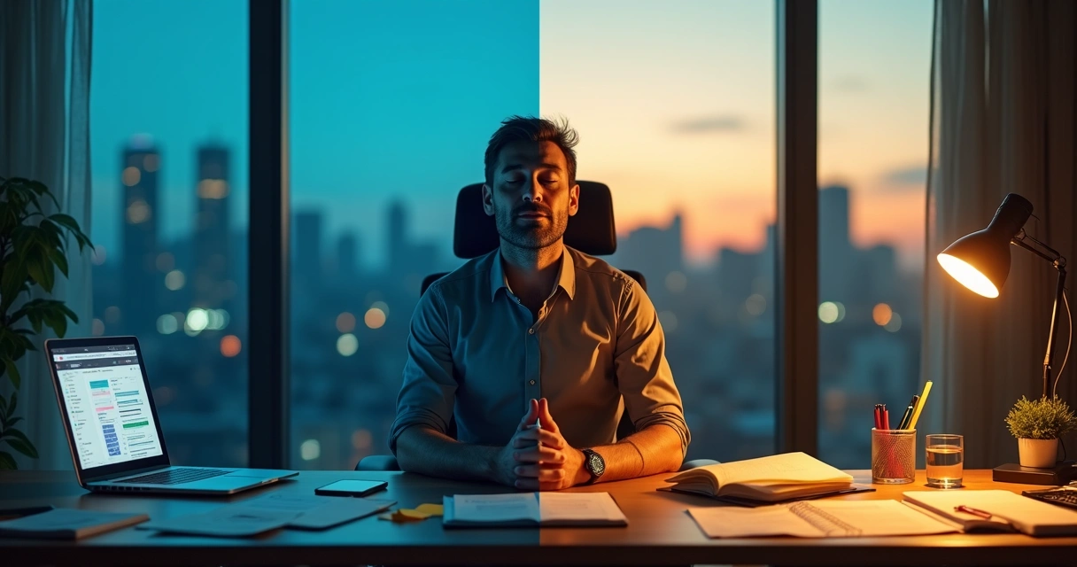 Líder cansado sentado à mesa de trabalho encontrando equilíbrio com meditação 