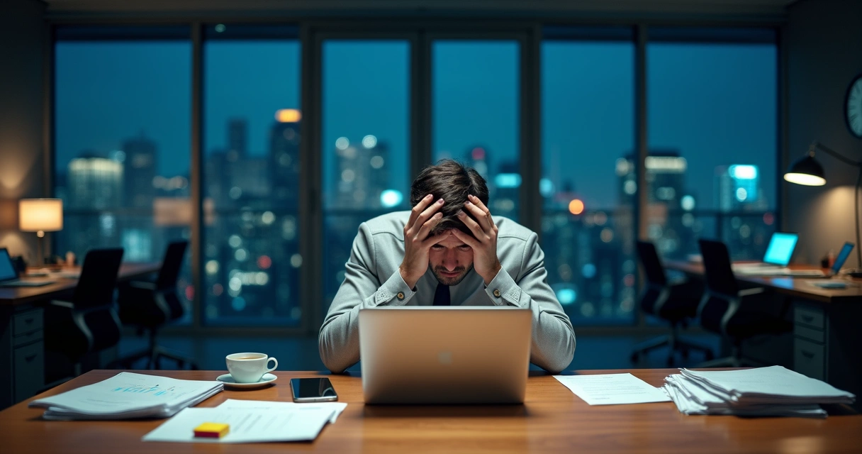 Líder exausto sozinho no escritório à noite cercado por pilhas de trabalho 