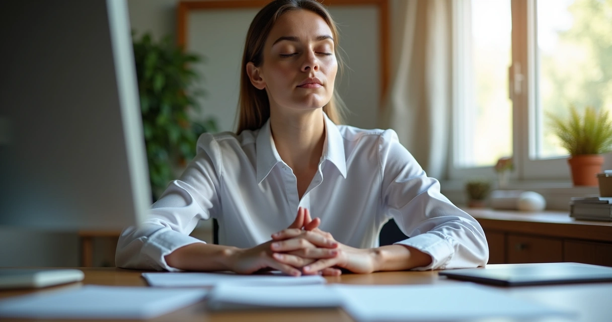 Pessoa sentada em mesa de trabalho praticando respiração consciente 