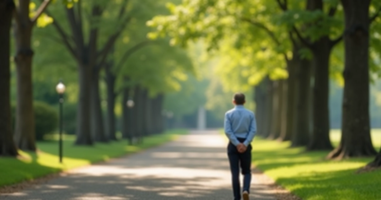 Líder caminhando em parque arborizado, mãos cruzadas atrás das costas, expressão serena, árvores e luz natural ao fundo 