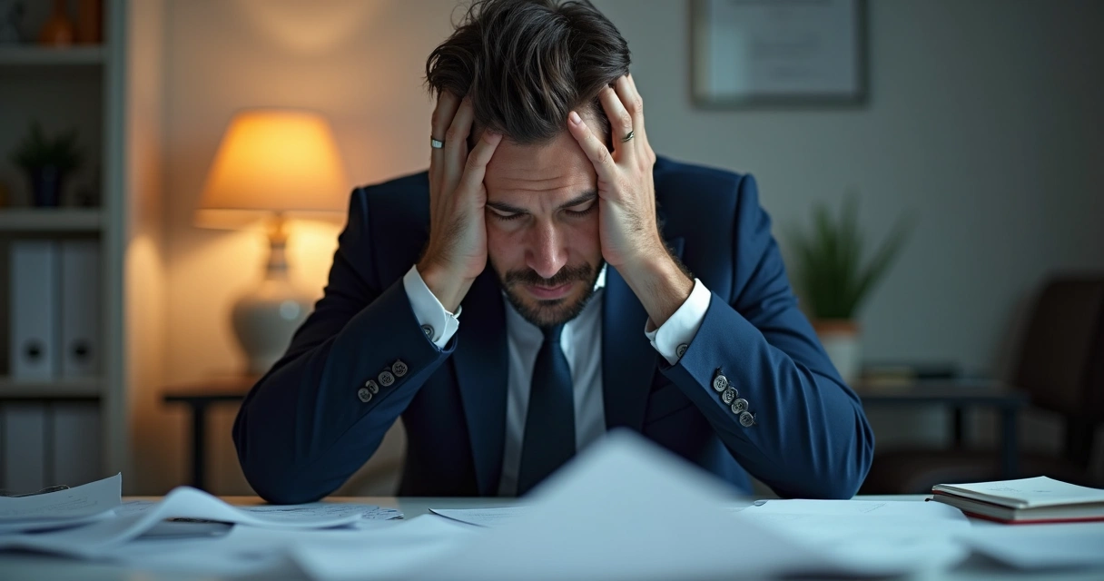 Líder sentado à mesa, mãos no rosto, com papéis espalhados ao redor e ambiente de escritório ao fundo 