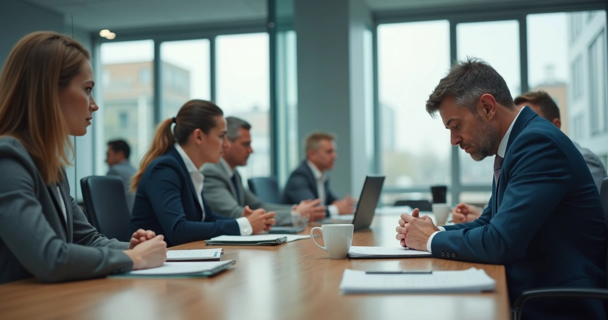 Líder em reunião com expressão cansada e equipe ao fundo 