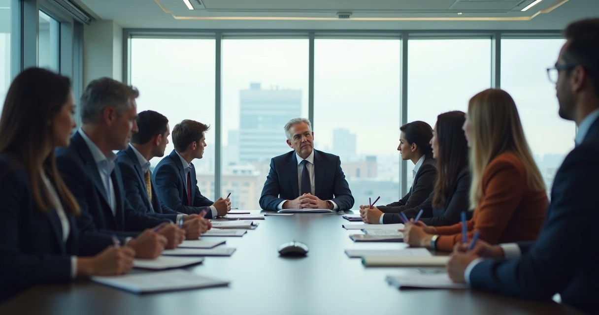 Reunião de equipe com líder isolado à frente, expressão séria