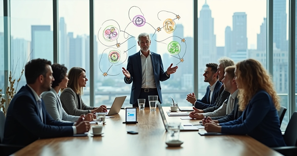 Líder coach em reunião de coaching sistêmico com equipe em escritório moderno 