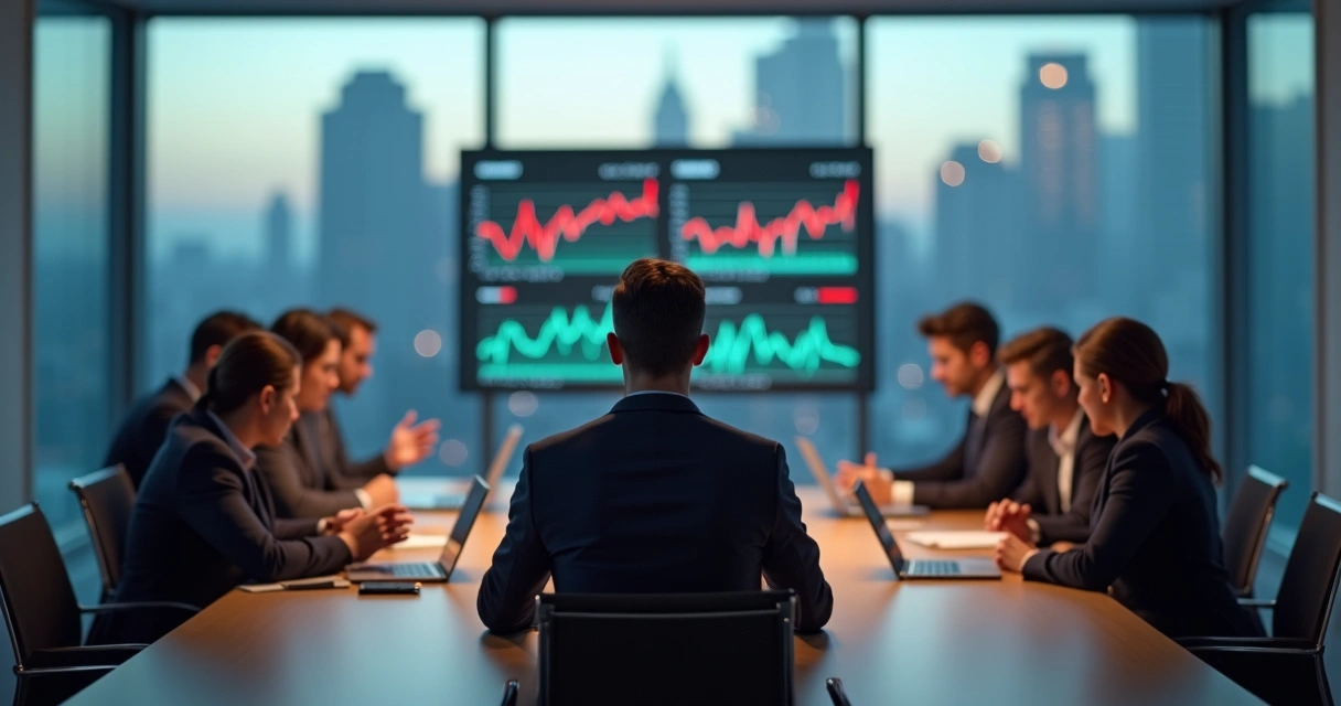 Líder em sala de reunião mantendo calma em meio a equipe tensa 