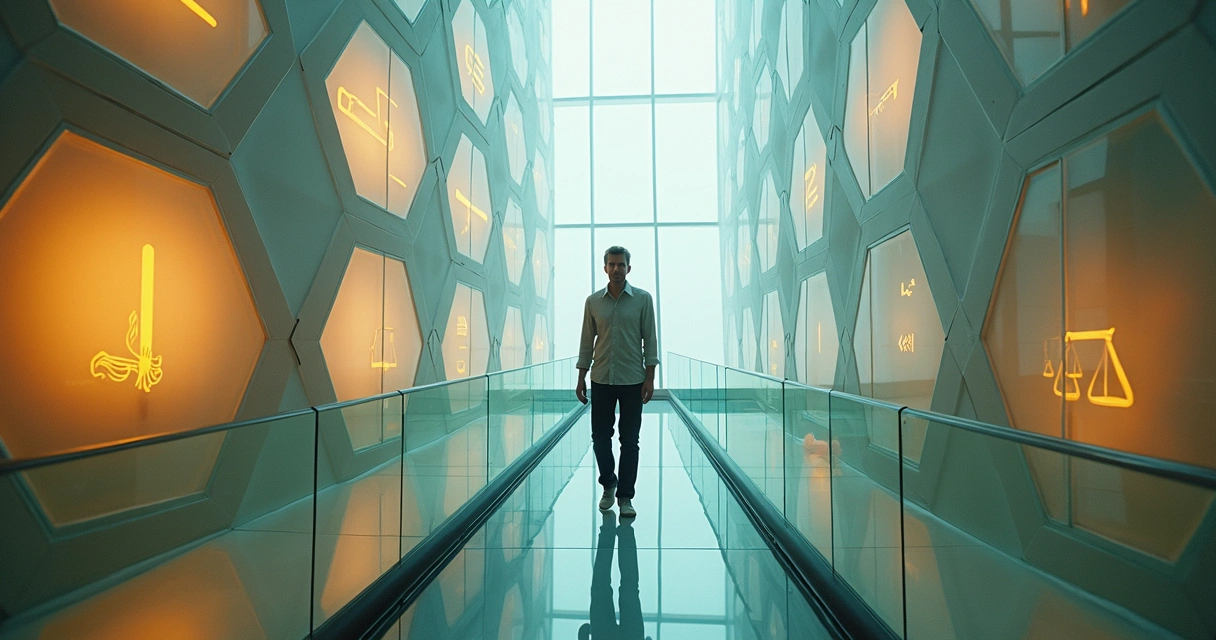 Líder caminando sobre pasarela de cristal entre panales hexagonales luminosos 