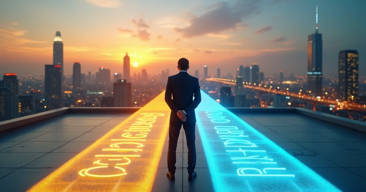 Líder pensativo en cruce de caminos simbólico entre ética y pragmatismo 