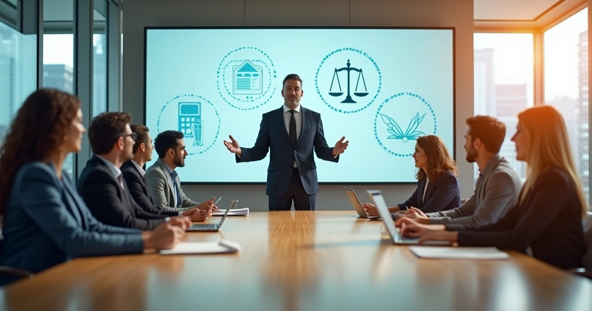 Líder organizacional frente a su equipo en una reunión, simbolizando coherencia ética y transparencia 