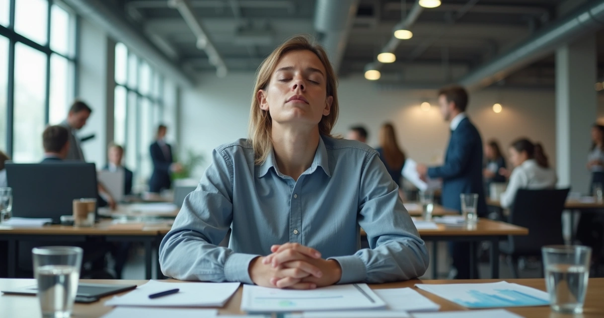 Persona concentrada en una oficina caótica manteniendo calma y foco interior 