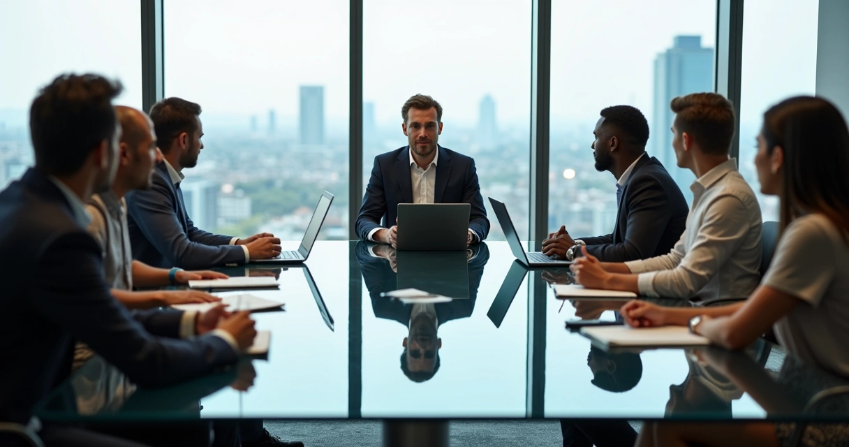 Líder conduzindo reunião de feedback com equipe em escritório moderno 