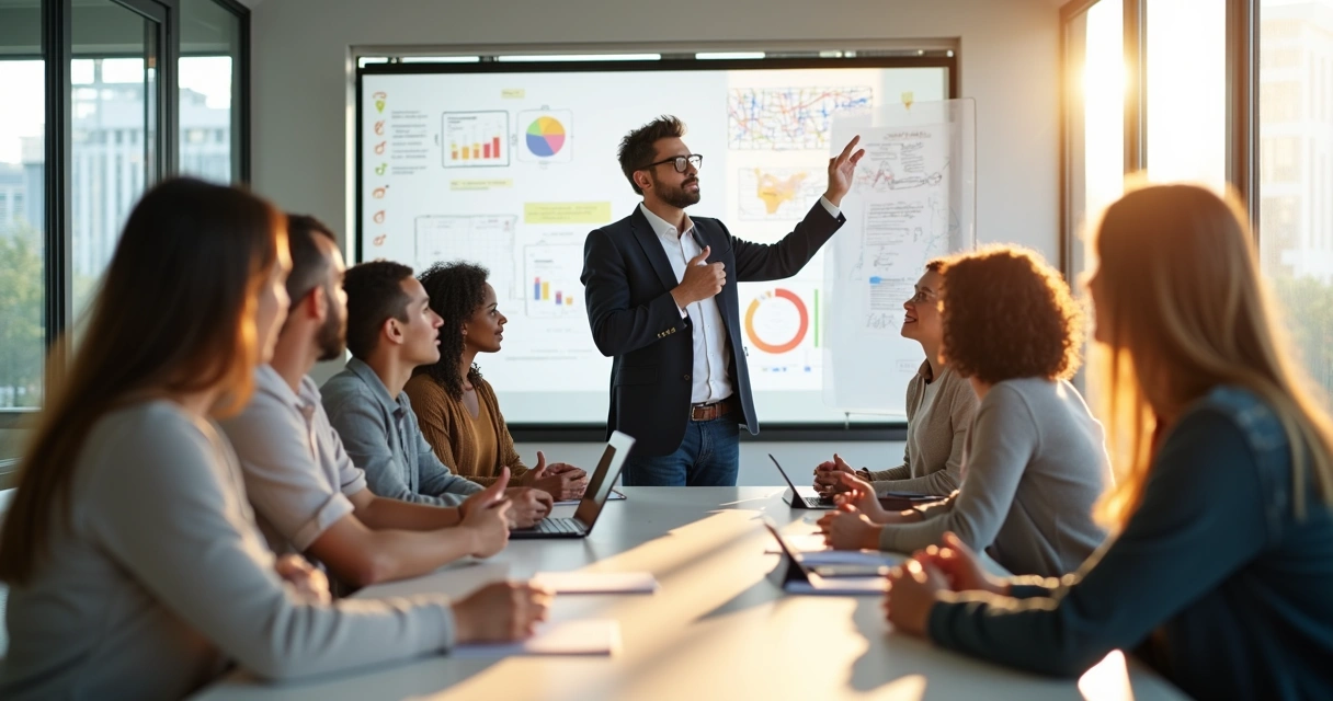 Equipe reunida em círculo, gestor no centro apontando para quadro branco com gráficos de evolução, luz natural, cores neutras, todos atentos