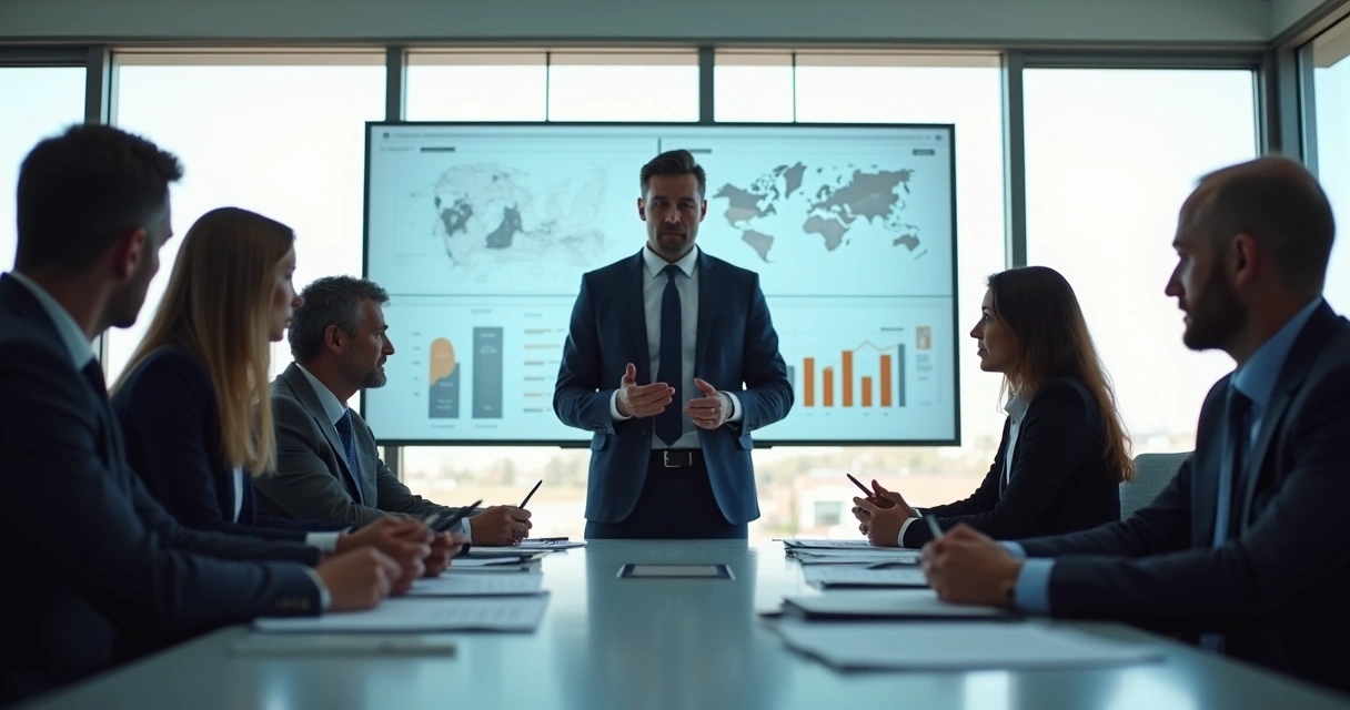 Líder com equipe em reunião analisando relatórios 