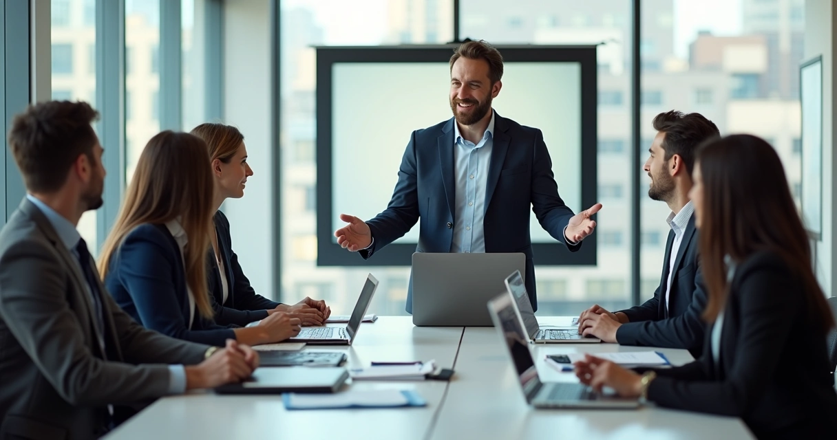Líder conversa com equipe reunida à mesa de trabalho 