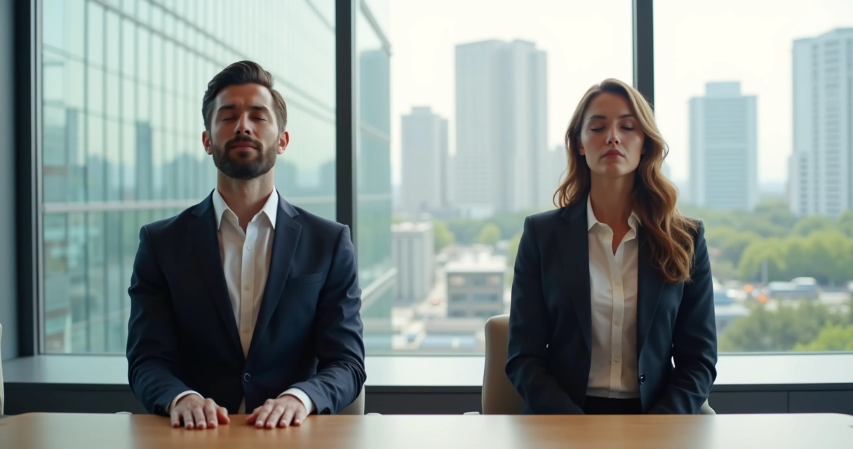 Líder sentado com olhos fechados, meditando em uma sala de reunião 