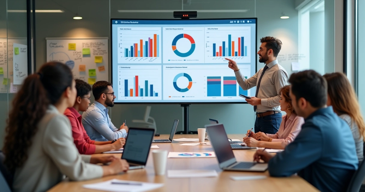 Líder comercial orientando equipe de vendas em reunião estratégica 