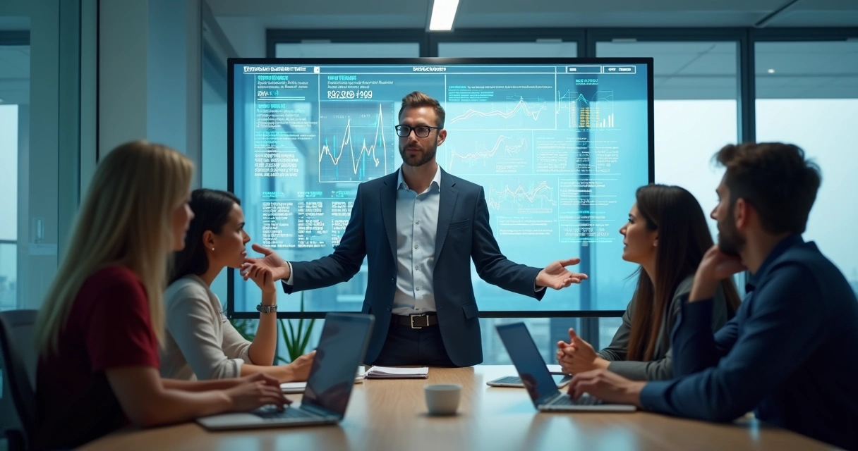 Líder revisando gráficos de desempenho e equipe comercial em ambiente corporativo moderno 