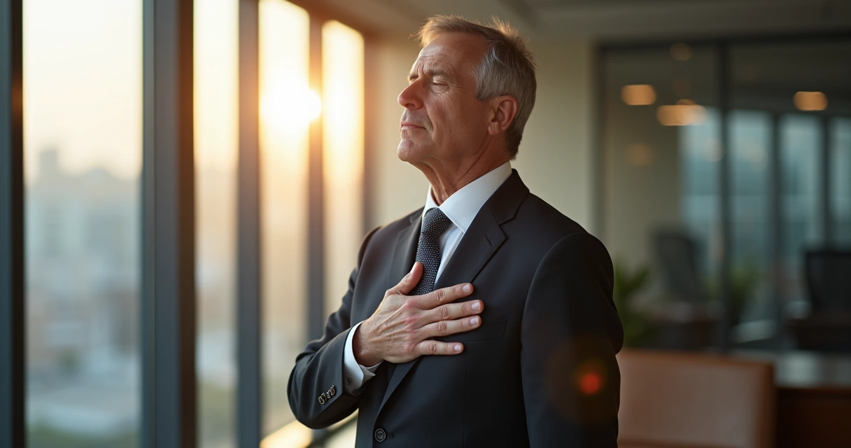 Executivo de olhos fechados refletindo, mão no peito, autocuidado 