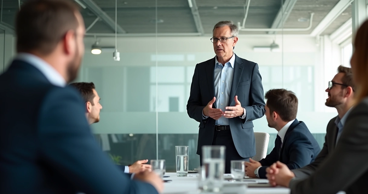 Líder expresando emociones sinceras ante equipo atento