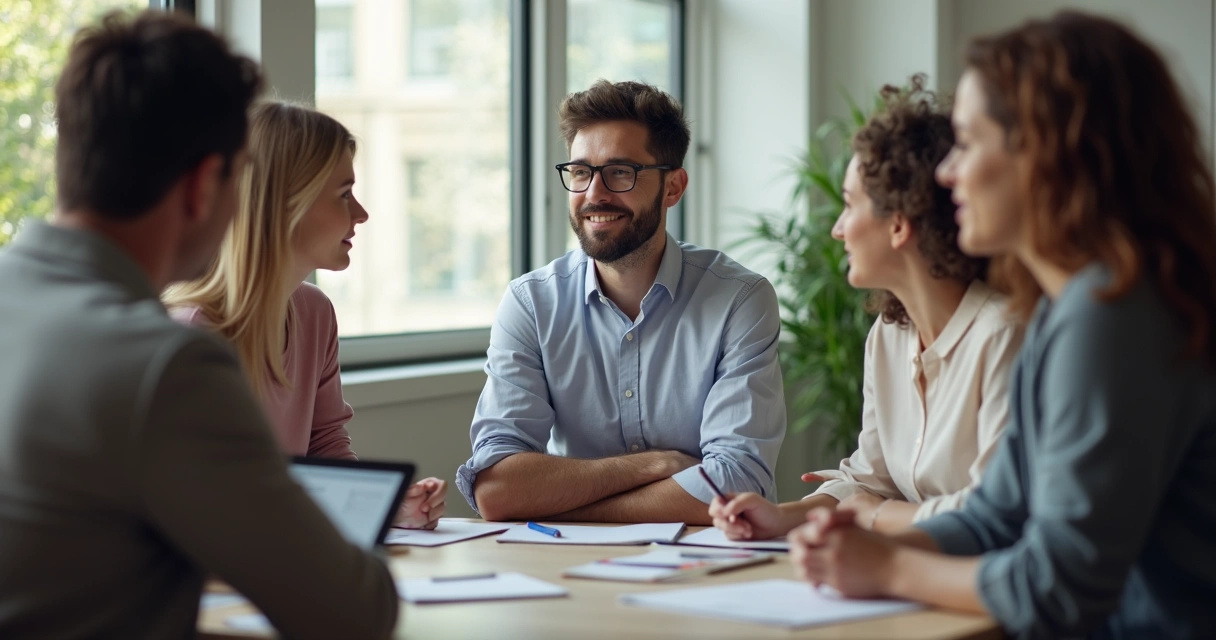 Líder escutando atentamente sua equipe em uma roda de conversa 